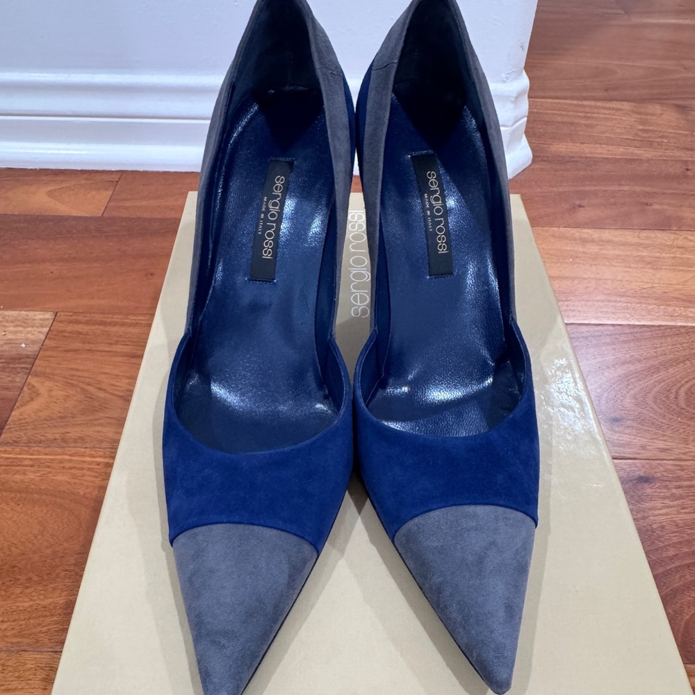 Sergio Rossi Navy and Gray Suede Pointed-Toe Pumps